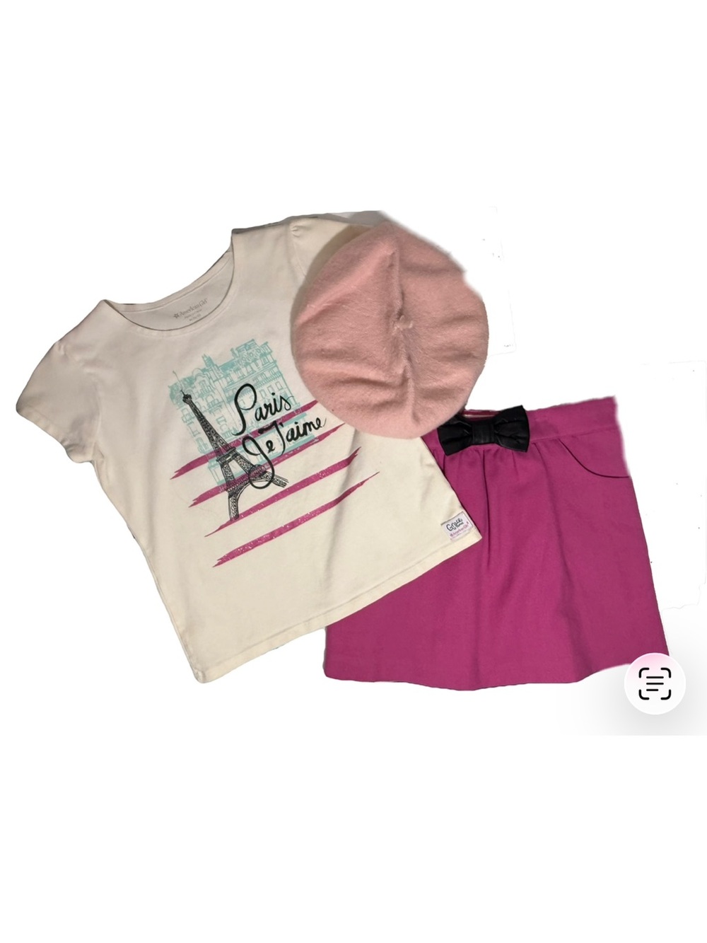 American Girl Doll Grace Thomas White Paris Tee with Pink Skirt and Blush Beret